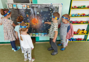 dzieci wskazują planety na mapie